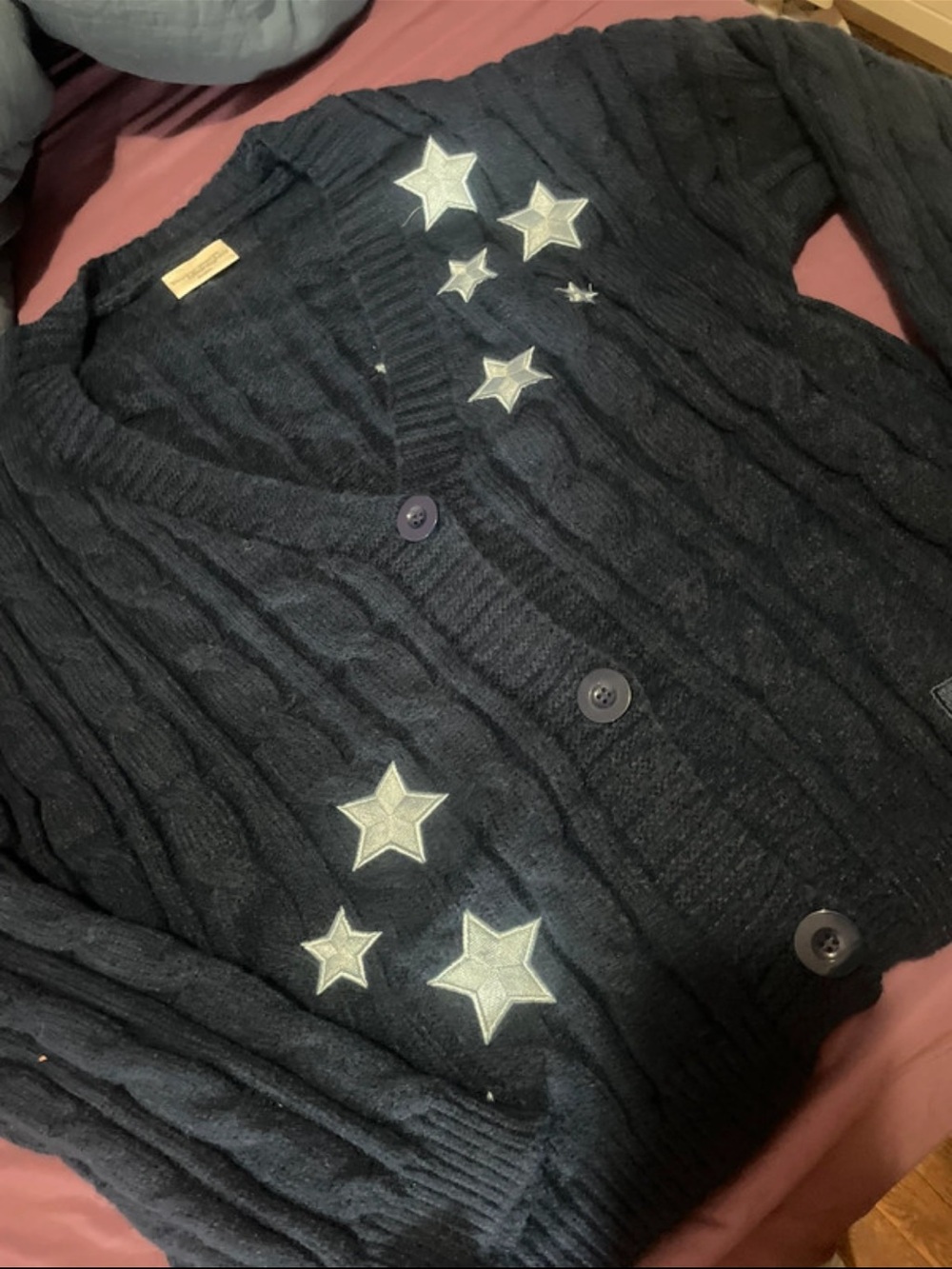 Taylor Swift Black Cable-Knit V-Neck Cardigan with Star Appliqués
